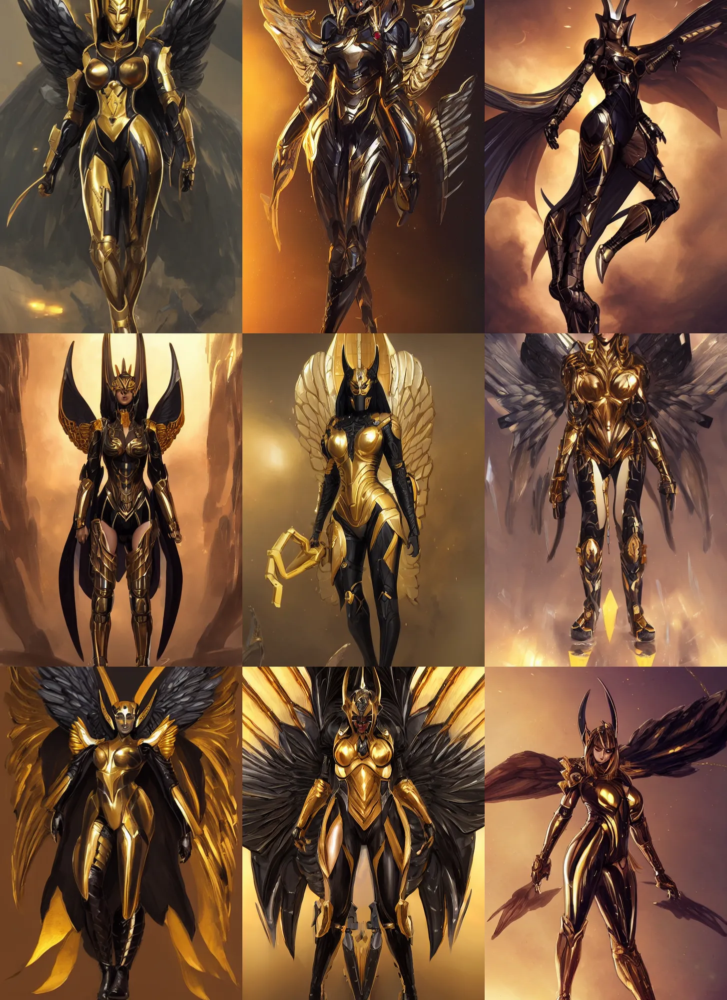 Prompt: female anubis wearing black and gold cybertech armor with wings, buxom, wide hips, character art by stanley artgerm lau, wlop, rossdraws, james jean, andrei riabovitchev, marc simonetti, and sakimichan, trending on artstation