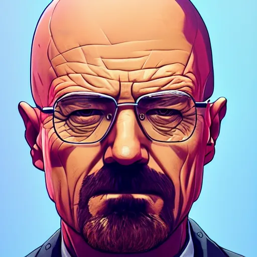 Image similar to walter white close - up, breaking bad, gta 5 cover art, borderlands style, cellshading, trending on artstation, by rhads, andreas rocha, rossdraws, makoto shinkai, laurie greasley, lois van baarle, ilya kuvshinov and greg rutkowski