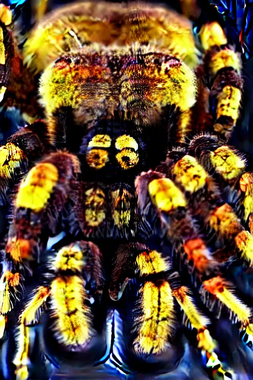 Image similar to high quality close-up photo gothic pearlescent tarantula! jewelled gorgeous! highly detailed david ligare elson peter cinematic yellow neon lighting high quality low angle hd 8k sharp shallow depth of field