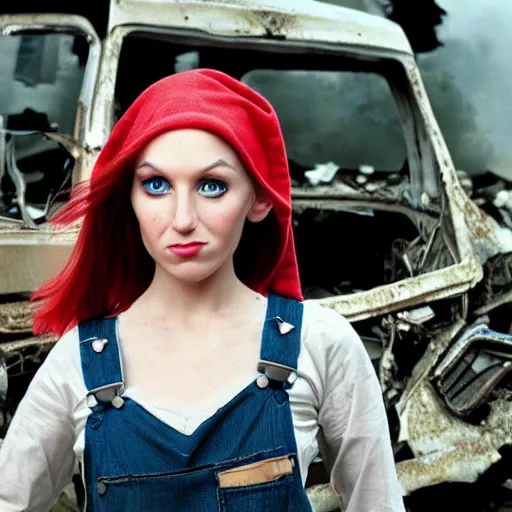Image similar to a skinny female high-fantasy elf with a long face narrow chin and short spiky blonde hair wearing dark brown overalls and holding a bomb next to a destroyed car, gel spiked blond hair, small ears, narrow lips, high resolution film still, HDR color