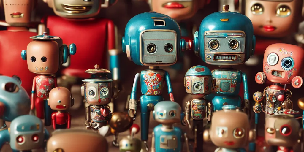 Image similar to closeup portrait of tin toy retro living room of robot family, depth of field, zeiss lens, detailed, centered, fashion photoshoot, by nicoletta ceccoli, mark ryden, lostfish, breathtaking, 8 k resolution, extremely detailed, beautiful, establishing shot, artistic, hyperrealistic, octane render, - h 8 0 4