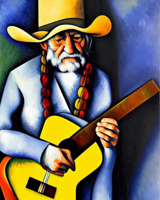 Prompt: a cubism portrait of willie nelson hugging his guitar, in the style of paul cezanne, digital art, hyperrealist