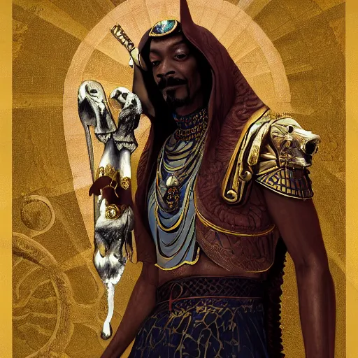 Image similar to Snoop Dogg as the egyptian god Anubis, D&D, fantasy, intricate, cinematic lighting, highly detailed, digital painting, artstation, concept art, smooth, sharp focus, illustration, art by Akihiko Yoshida, Greg Rutkowski and Alphonse Mucha