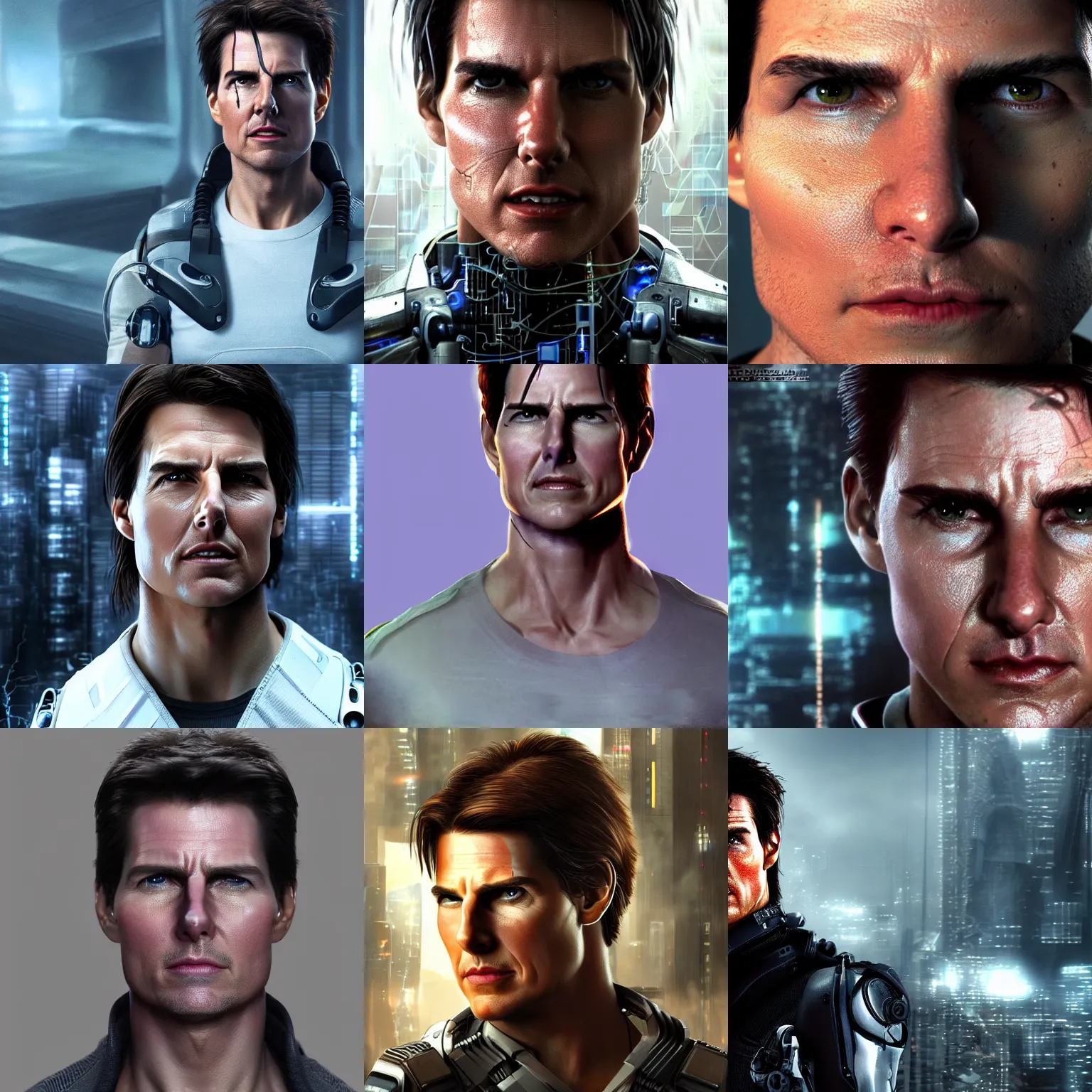 Prompt: A mugshot of a cybernetically enhanced tom cruise, cyberpunk, augmented, still from alita, matte painting, Artstation, CGsociety