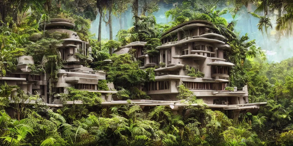 Image similar to cinematic still of hyper detailed highway realistic afro futurist house in a jungle by frank lloyd wright architect, helicopters, wide angle, insanely detailed and intricate, summer colors