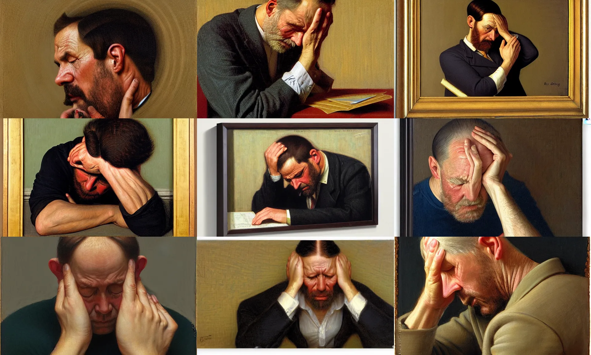 Prompt: A man clutching his head as information leaves it, by Kenne Gregoire