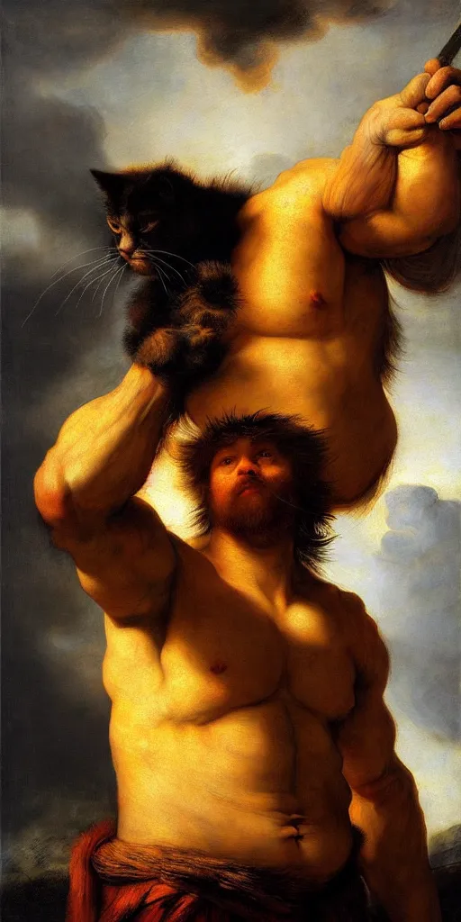 Prompt: oversized cat as muscular barbarian , strong sun backlight sunrays body , extreme very textured detailed portrait oil painting by rembrandt, dramatic clouds and atmosphere