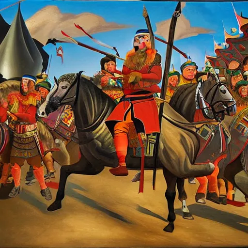 Image similar to genghis khan and his mongol horde ransacking modern day efteling, oil on canvas