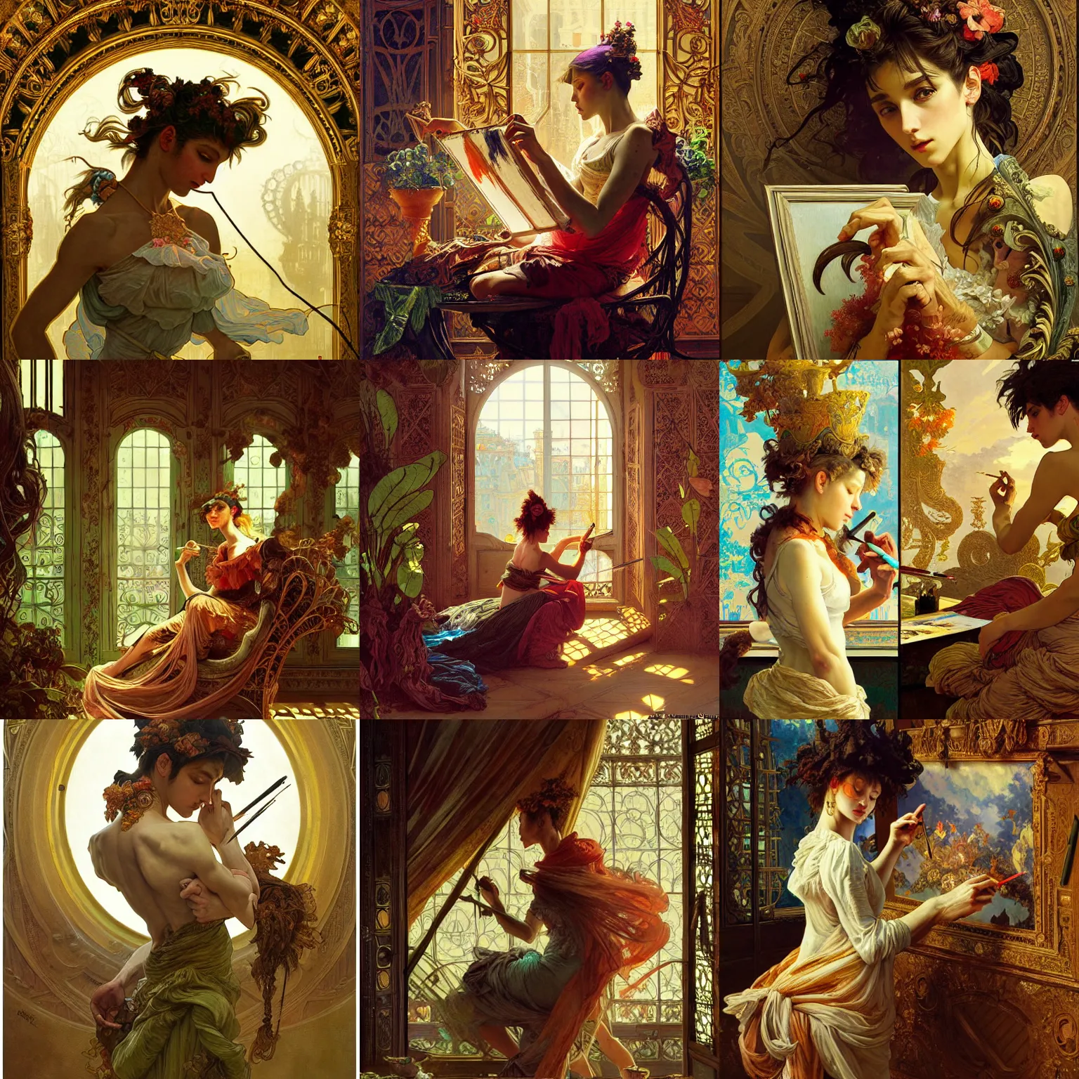 Prompt: A french artist painting on a canvas the art is visible Neo Rococo Expressionist orientalism, extreme plus resolution fantasy concept art, intricate details to everything visible, sharp lighting, Dramatic light by denis villeneuve, strong emphasis on alphonse mucha, Makoto Shinkai