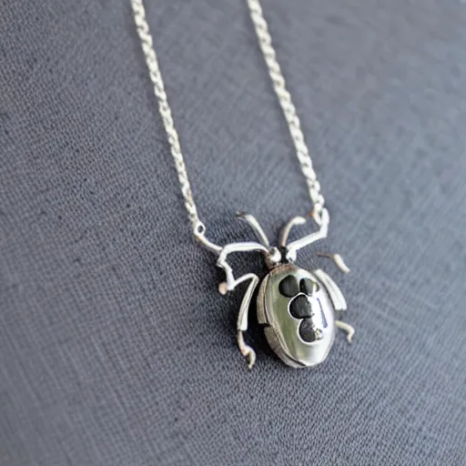 Prompt: silver embroidered necklace in the shape of a ladybug on a leaf, photo, artstation