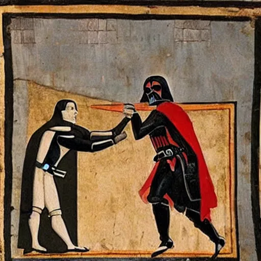 Image similar to Medieval painting of Darth Vader fighting in Rome