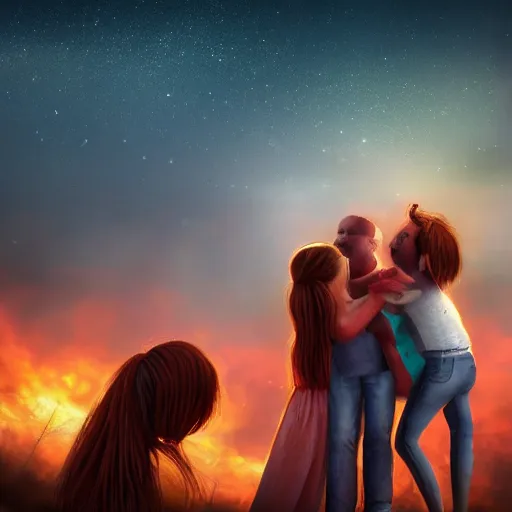 Image similar to A family hugging each other for the last time as the world is ending, meteors are falling from the sky, everything is on fire, dramatic lighting, digital art, very very very very very very beautiful, 8K, dark lighting, trending on Artstation, award winning