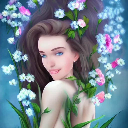 Prompt: a picture of a dreaming woman with flowers roses peonies forget-me-nots dahlias lupins gladioli grow out of hair, sky theme in background, Digital Art, Trending on artstation