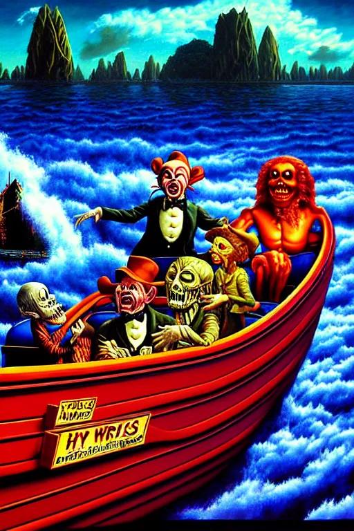 Image similar to a hyperrealistic painting of willy wonkas scary boat ride, cinematic horror by jimmy alonzo, the art of skinner, chris cunningham, lisa frank, richard corben, highly detailed, vivid color,