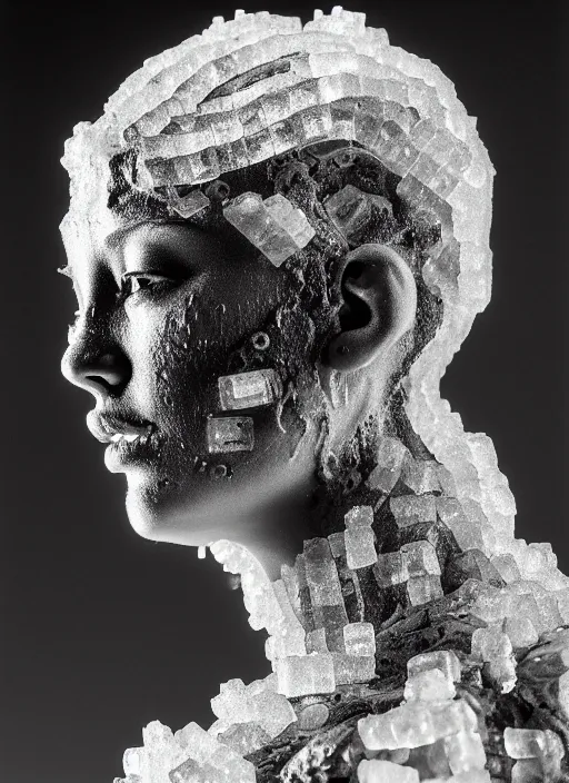 Image similar to a young female cyborg bust made of ice and fire and mud, dramatic, ilford hp 5, closeup - view, f / 2. 8, high contrast, 1 6 k, fluorescent lamp, contre - jour, insanely detailed and intricate, hypermaximalist, elegant, ornate, hyper realistic, super detailed