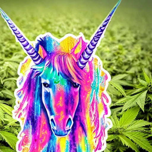 Image similar to a tye - die unicorn with wings eating in a field of marijuana, wildlife photography, 8 k, highly detailed