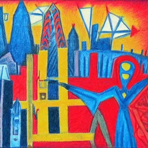 Image similar to bright, costume shocking by rufino tamayo. a beautiful drawing of a cityscape with tall spires & delicate bridges.