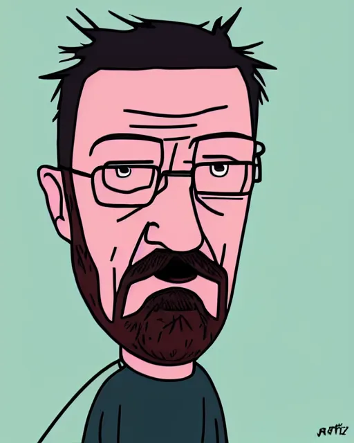 Prompt: portrait of walter white in the style of justin roiland. heisenberg. breaking bad. cinematic lighting. style of rick & morty by justin roiland