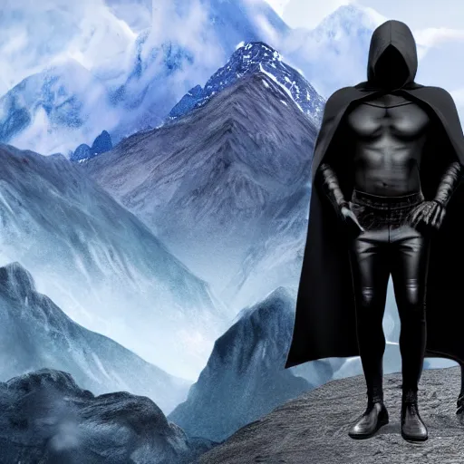 Image similar to a realistic full body of Konnor, a dragonblood, a black hood with black robes, extremely realistic and detailed, standing in front of a mountain