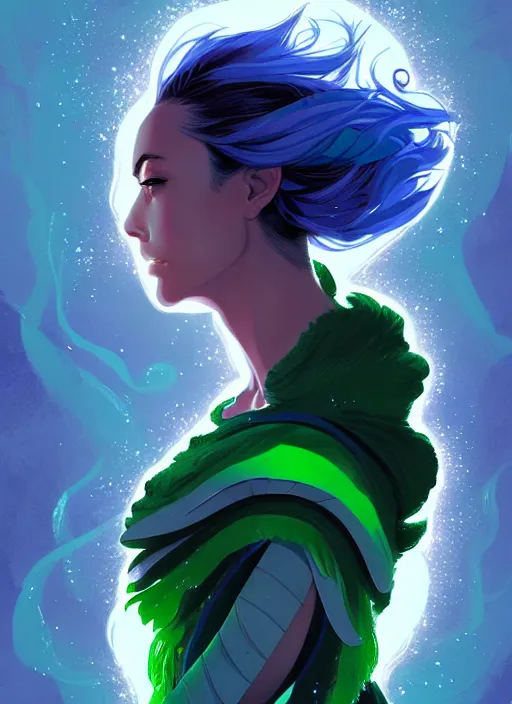 Image similar to style artgerm, joshua middleton, illustration, aubrey plaza as a warrior monk wearing green pelt light armor, blue hair, swirling water cosmos, fantasy, dnd, cinematic lighting