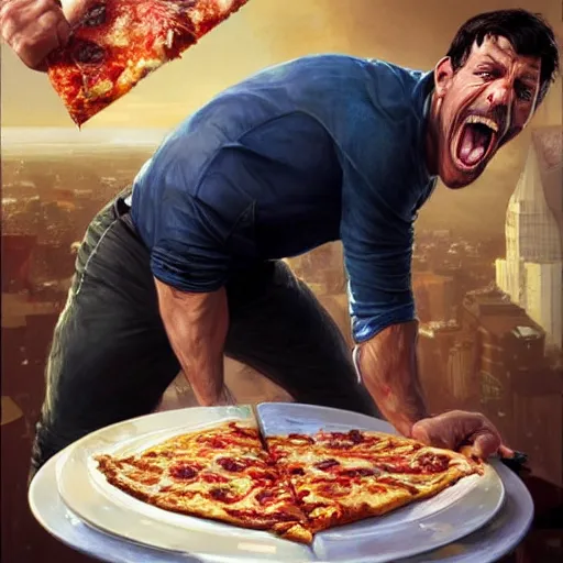 Image similar to portrait of Tony Robbins opening his mouth to eat pizza, also smashing pizza with his fists, highly detailed, digital painting, artstation, concept art, sharp focus, illustration, art by artgerm and greg rutkowski and alphonse mucha