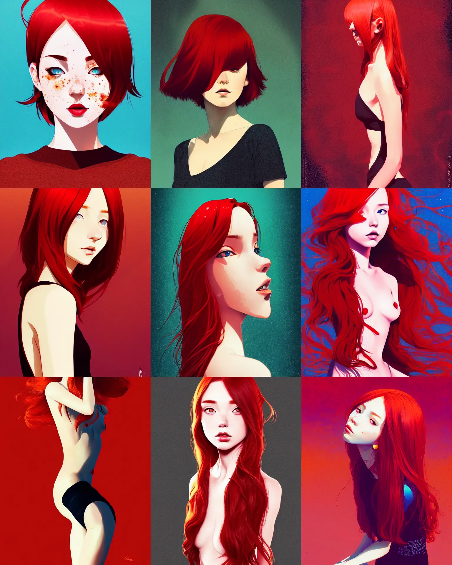Prompt: a full body picture of a glamorous!!!! woman with red hair and freckles by ilya kuvshinov!, miho hirano, psychedelic!!!!, acidwave, digital art, dramatic lighting, dramatic angle