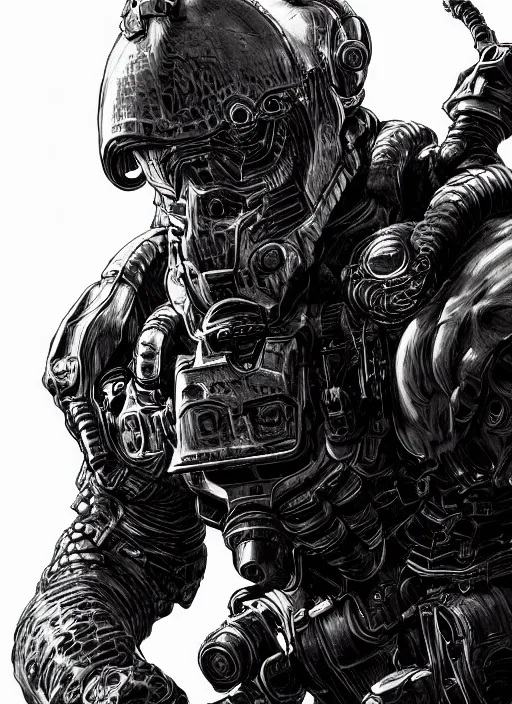 Image similar to close up portrait of the doom slayer, red backlight, powerful, domineering, stoic, masterful, intense, ultrafine hyperdetailed illustration by kim jung gi, irakli nadar, intricate linework, sharp focus, octopath traveler, yoji shinkawa, highly rendered, detailed, concept art