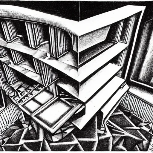 Prompt: a m. c. escher style drawing of trump and his safe