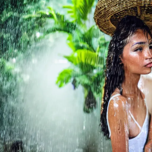 Image similar to 4 k hdr polaroid wide angle portrait of woman instagram models in a bali home in the jungle showering during a rainstorm shower in the jungle with moody overcast lighting