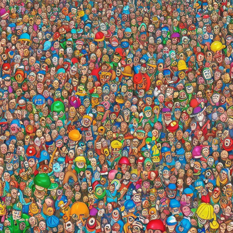 Image similar to an incredibly detailed masterpiece photo of a Where's Waldo puzzle by bosch and lisa frank, ornate, beautiful, bold colors, detailed, high resolution, wow!, realistic, photorealism, intricate, 4k octane render, unreal engine, zbrush, vfx, very realistic