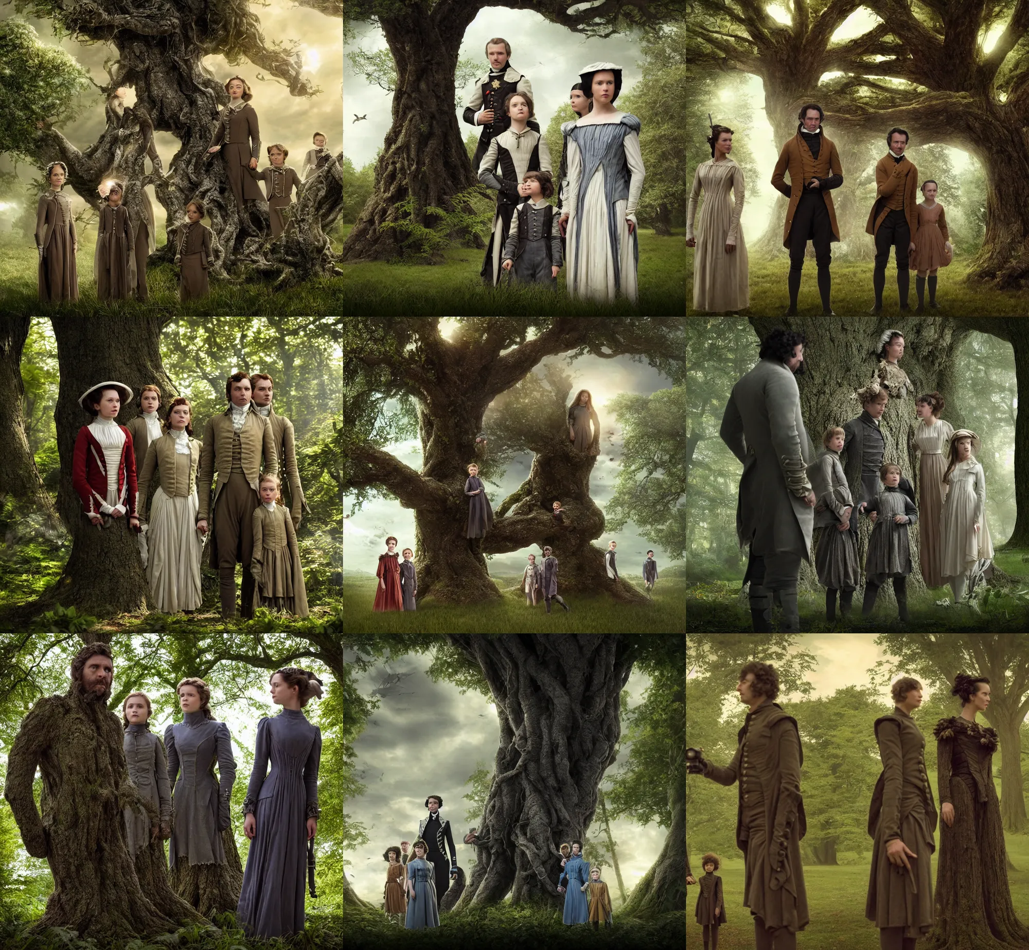 Prompt: sharp, highly detailed, film from a 2 0 1 9 sci fi 1 6 k movie, set in 1 8 2 0, family standing next to a tree, in a park on a strange alien planet, full of strange plants and flowers, wearing 1 8 2 0 s clothes, atmospheric lighting, in focus, reflective eyes, 3 5 mm macro lens, live action, nice composition
