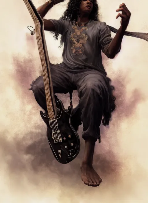 Image similar to fantasy changeling black kid with long curly hair playing electric guitar, two half's between, dim light, front game card, marvel comics, dark, intricate, highly detailed, smooth, artstation, digital illustration by ruan jia and mandy jurgens and artgerm and wayne barlowe and greg rutkowski and zdislav beksinski