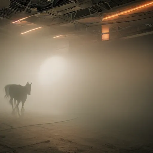 Image similar to misty volumetric muted neon color smoke wisps waft on convection current of air through a low energy cluttered parlor and coalesce on the floor into the vague translucent outline of a horse crossing the finish line.