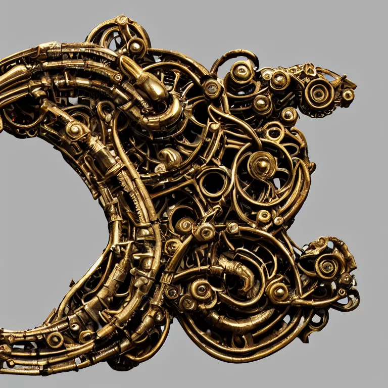 Image similar to studio photograph of biomechanical font of a letter made out of polished bronze and jewels, beautiful trending on artstation 8 k