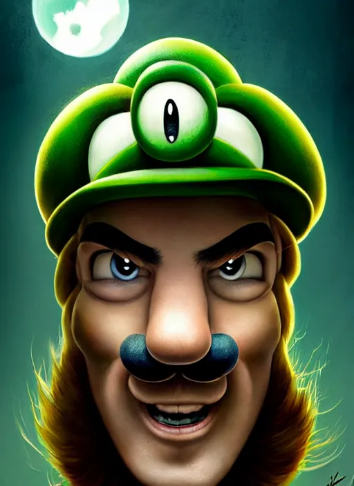 Image similar to hyper realistic, portrait of a mega derpy luigi by greg rutkowski, scott m fischer, artgerm, loish, slight glow, atmospheric, anne stokes, alexandros pyromallis