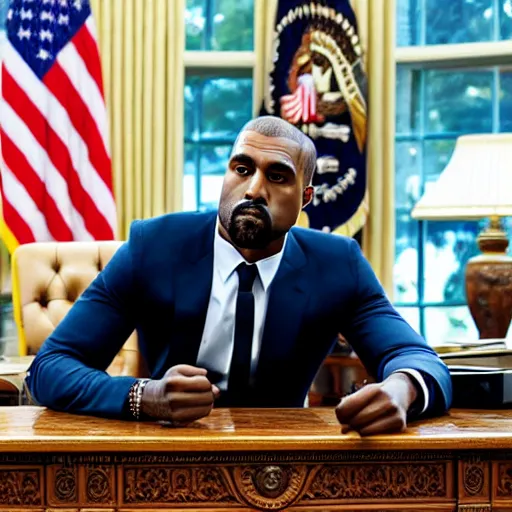 Prompt: professional photograph of Kanye West wearing a suit and sitting in the oval office desk, 8k, very intricate, very detailed,