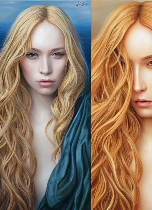 Image similar to a painting of a woman with long blonde hair, a photorealistic painting by magali villeneuve, featured on cgsociety, fantasy art, detailed painting, photorealistic