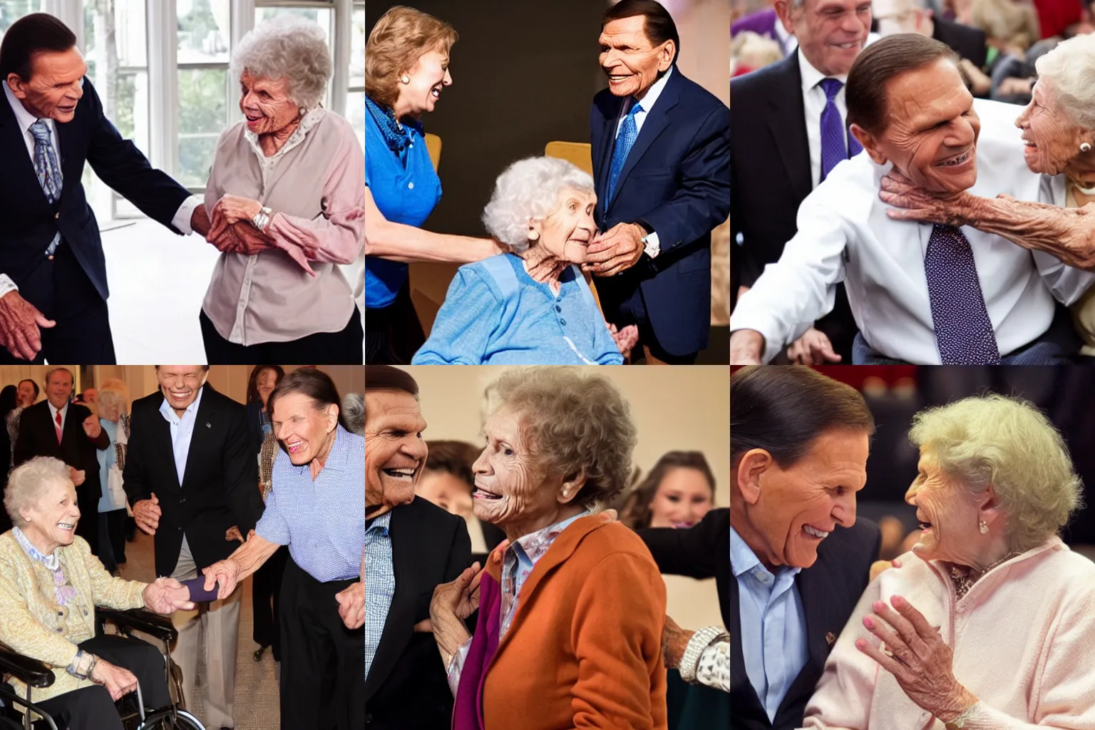 Prompt: kenneth copeland pushing an elderly lady