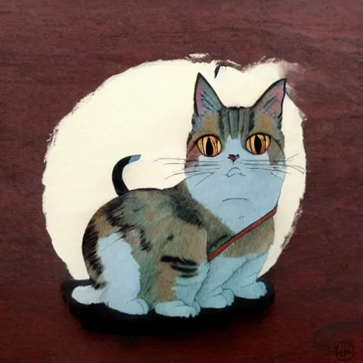 Prompt: a calico cat walking up mount fuji in the style of studio ghibli