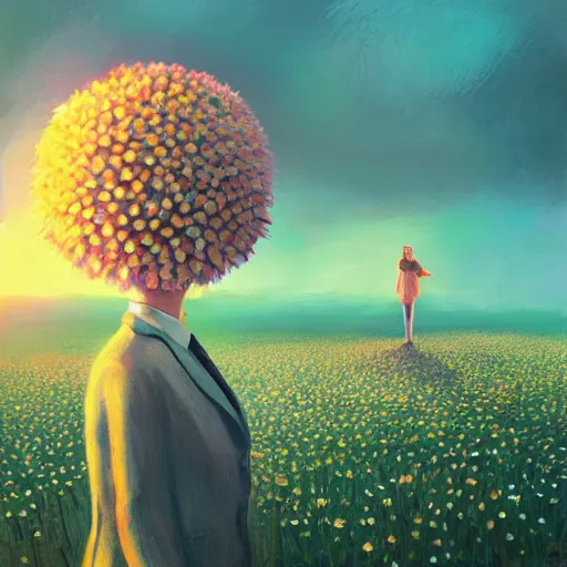 Image similar to giant daisy flower head, frontal, girl in a suit, surreal photography, sunrise, dramatic light, impressionist painting, digital painting, artstation, simon stalenhag