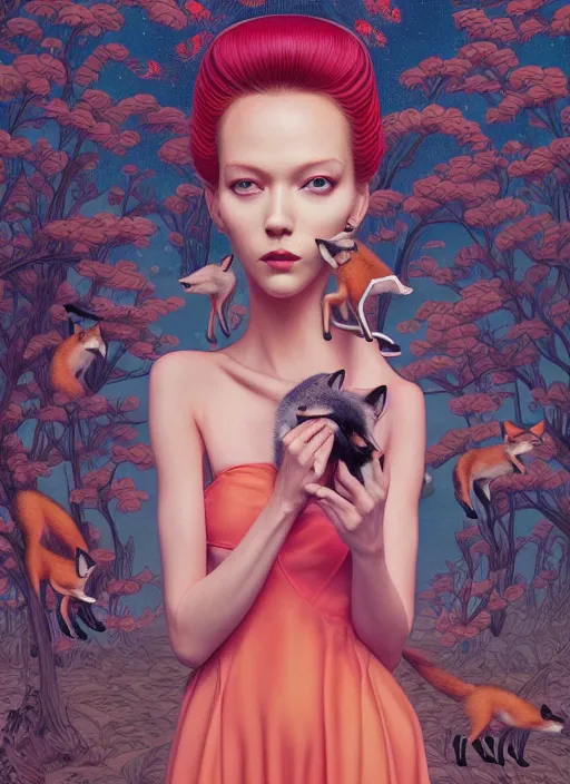 Image similar to pretty model with foxes : : by martine johanna and simon stalenhag and chie yoshii and casey weldon and wlop : : ornate, dynamic, particulate, rich colors, intricate, elegant, highly detailed, vogue, harper's bazaar art, fashion magazine, smooth, sharp focus, 8 k, octane render,