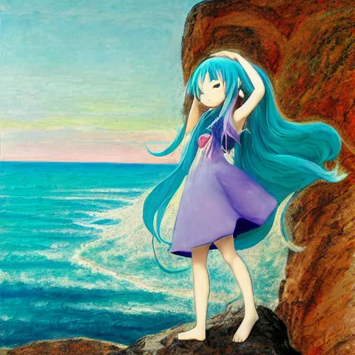 Image similar to Beautiful abstract impressionist painting of Hatsune Miku on a cliff looking calmly at the sea, hatsune miku official artwork, danbooru, oil painting by William Blake, wide strokes, pastel colors, soft lighting sold at an auction