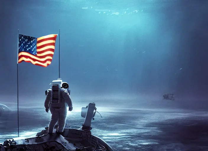 Image similar to astronaut holding a flag in an underwater desert. a submarine is visible in the distance. dark, concept art, cinematic, dramatic, atmospheric, 8 k, trending on artstation, blue, fish, low visibility, fog, ocean floor, christopher nolan, interstellar