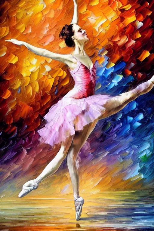 Image similar to palette knife oil painting of a leaping ballerina dancer, extreme detail, style by leonid afremov and degas, artstation, artgerm, deviant art, octane, substance, art history