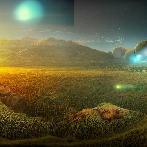 Image similar to panorama,utopia,science fiction,bio-inspired,organic,sunny,redshift render