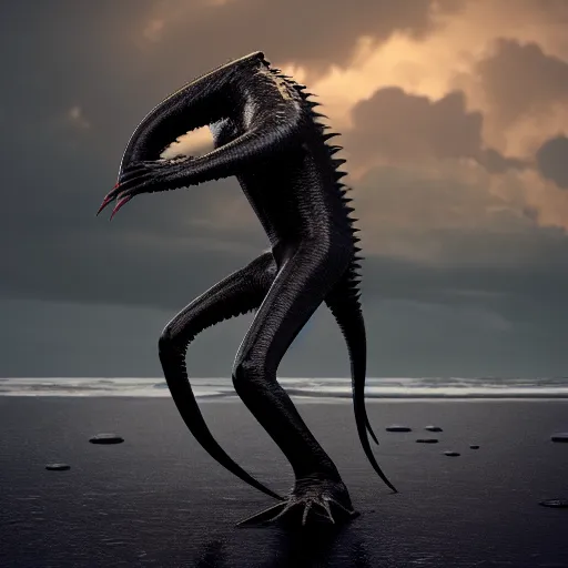 Image similar to a stunning cinematic wide shot of a beautiful confused slick sleek smooth humanoid sea monster wearing clothes made of seaweed on a dark stormy beach, well designed perfect with slick led eyes, sharp claws, cgsociety, hd octane render, fantasy, furry art, artstation, deviantart, furaffinity, very very clean