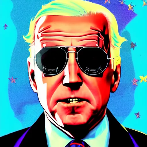 Prompt: portrait of joe biden sunglasses stars in the sky ( fairies ) detailed face enchanted psychedelic vector art illustration gears of war cell shaded illustration gta 5 artwork of donald trump, in the style of gta 5 loading screen, by stephen bliss by hieronymus bosch and frank frazetta