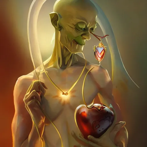 Image similar to A skinny goblin holding a shiny Sacred Heart, by Stanley Artgerm Lau, WLOP, Rossdraws, James Jean, Andrei Riabovitchev, Marc Simonetti, Yoshitaka Amano, ArtStation, CGSociety,