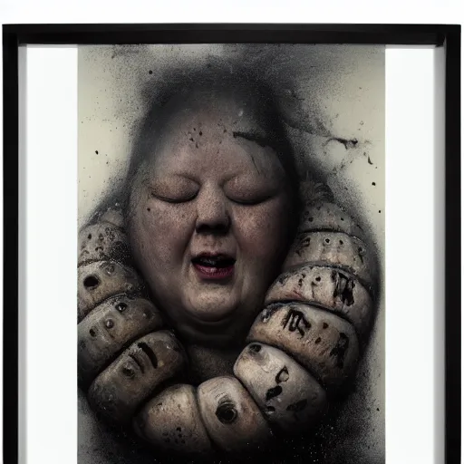 Image similar to portrait of the face of big fat old sumoringer as despair from sandman, venus of willendorf, by jeremy mann, by gregory crewdson, by bastien lecouffe deharme, by russ mills, sad face, topknot, black hair, mourning, black eyes, white room, soft lightning, high detailed, 8 k