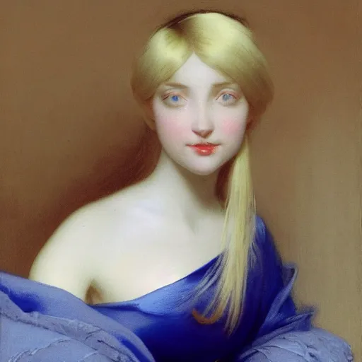 Image similar to young woman's face, her hair is white and she wears a cobalt blue duchesse satin cloak, by ivan aivazovsky and syd mead and moebius and gaston bussiere and roger dean and willem claesz and pieter claesz and paul delaroche and alma tadema and aelbert cuyp, hyperrealistic, volumetric light, octane